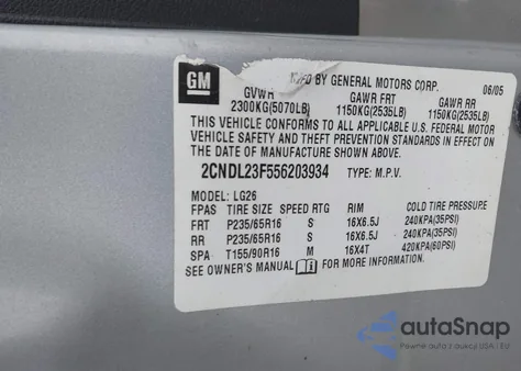 2005 Chevrolet Equinox Ls из США, поврежденный, VIN 2CNDL23F556203934